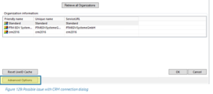 The [Advanced Options] button in the CRM Connection Setup tab.