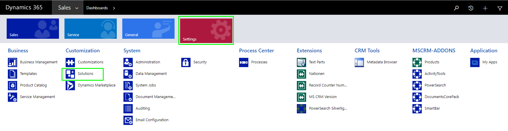 image Solutions in Dynamics 365 Settings.