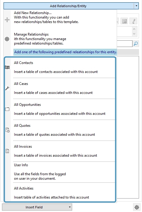Add Relationship/Entity dropdown menu – predefined relationships
