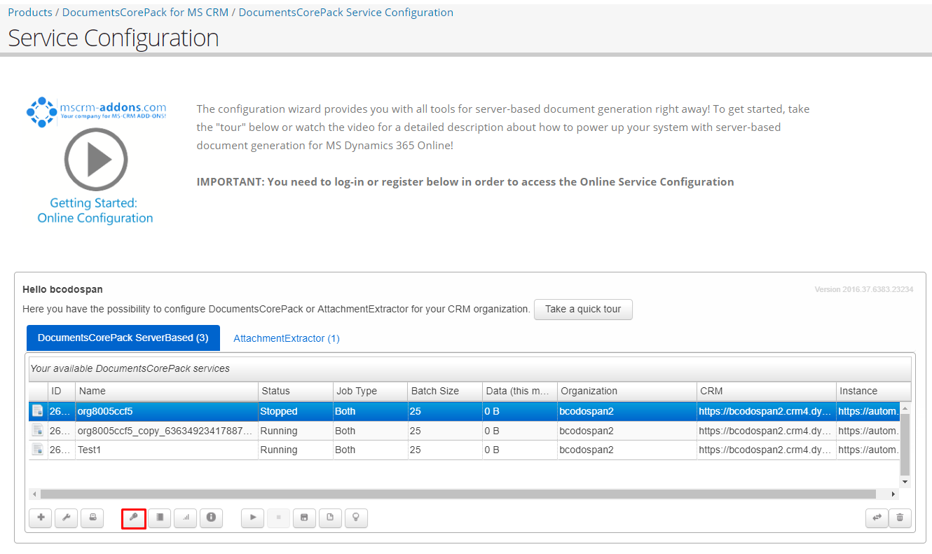 The DocumentsCorePack Online Service Configuration