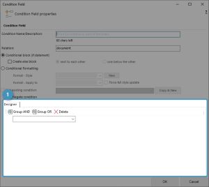 The condition designer within the condition field dialog
