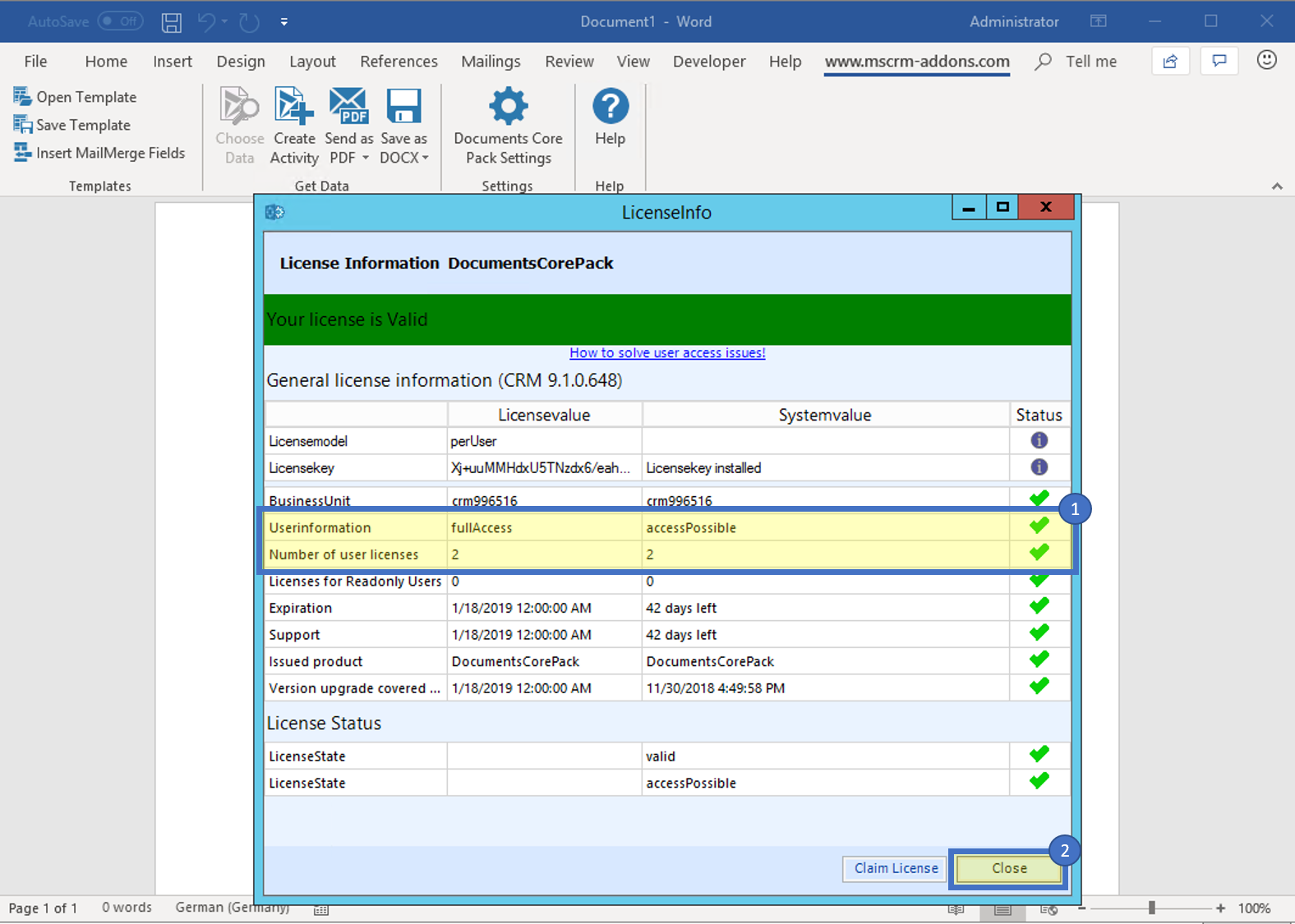Updated license screen