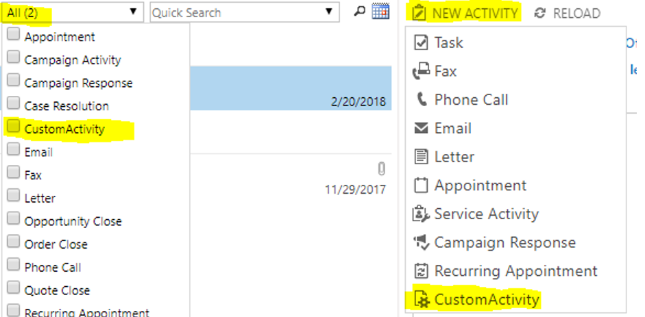 Activity type drop down with custom activity