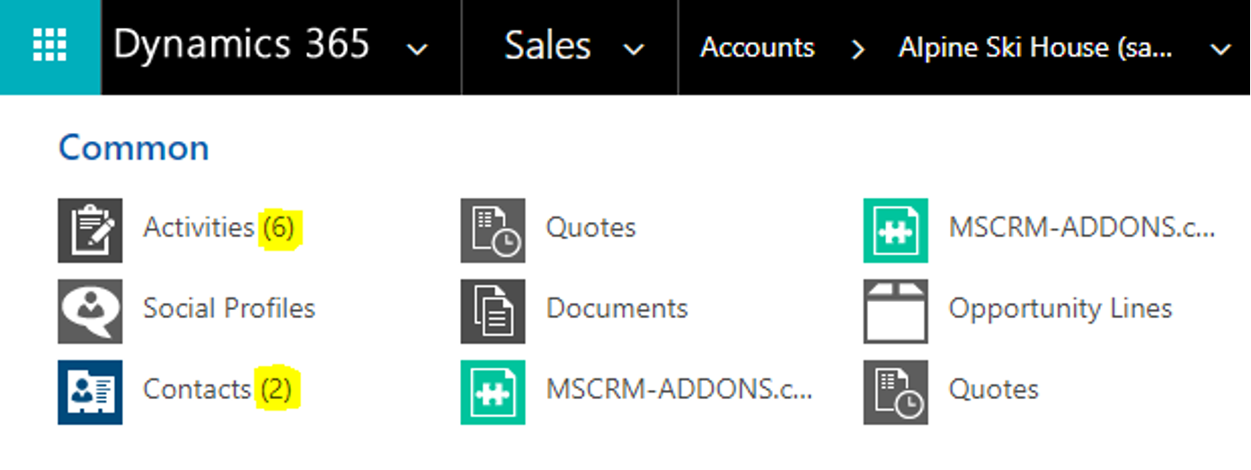 Dynamics 365 menu counting
