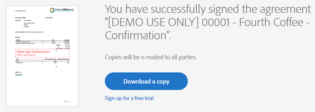 Message that the document has been successfully signed.