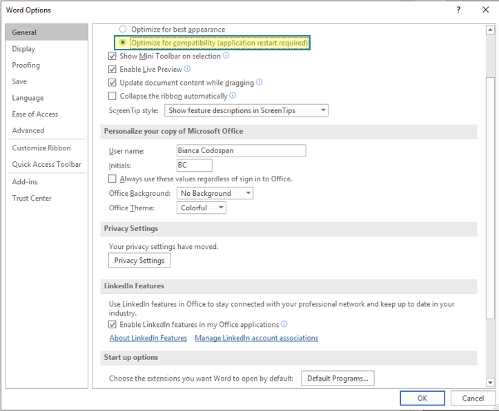Word General settings - Optimize for compatibility