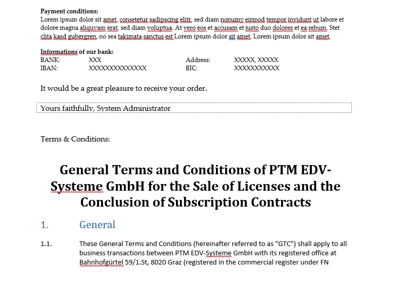 Template with inserted Note “Terms and Conditions” as Document