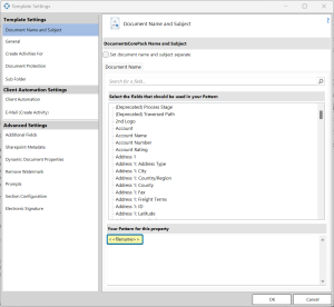 The Document Name and Subject tab of the Advanced Template Settings