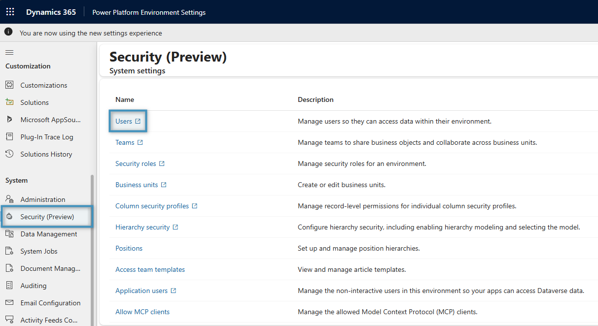 Power Platform Environment Settings -> Security (Preview) -> Users
