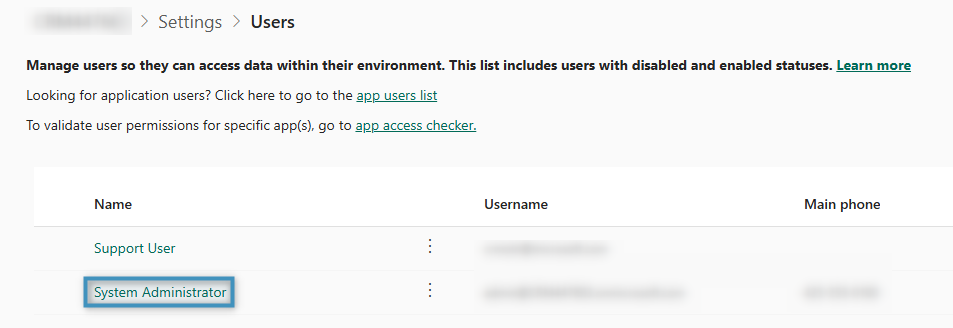 Selecting the System Administrator user