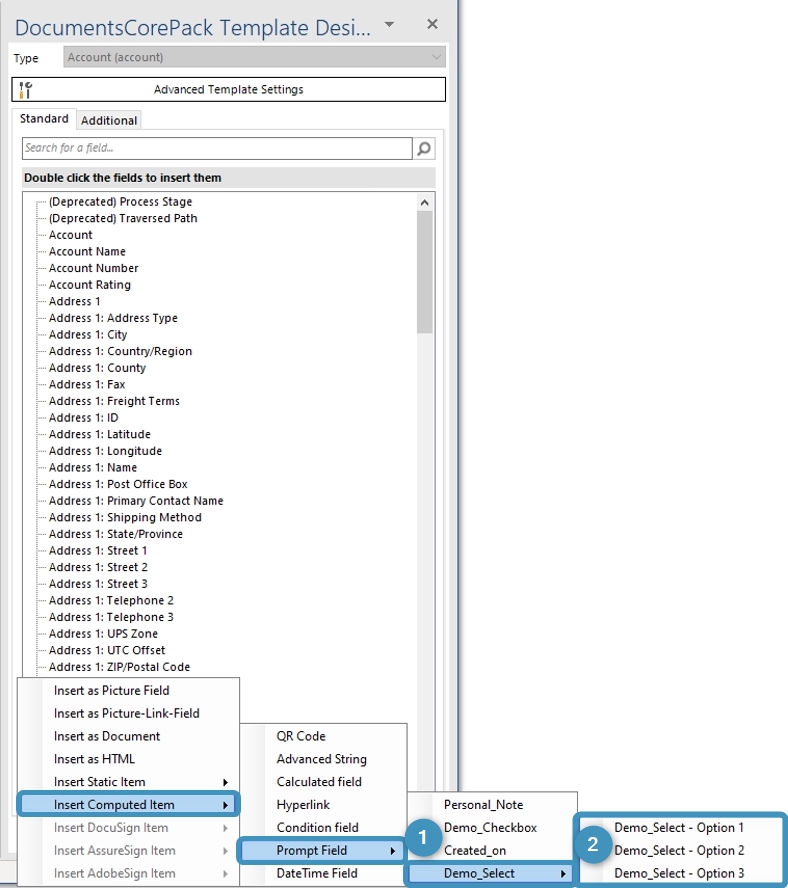 Insert prompt from the DCP Template Designer
