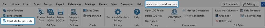 Word ribbon www.mscrm-addons tab