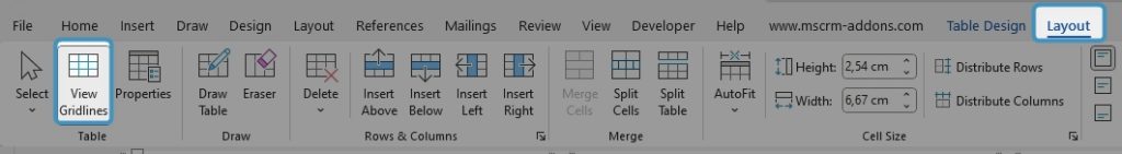 Word ribbon - Layout Setting