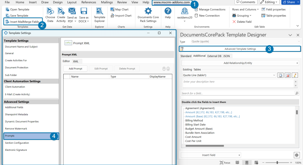 Add and edit prompts from the advanced settings of the DCP template designer in Word