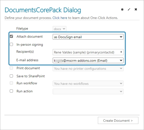 Select Attach as DocuSign email and change recipient if necessary