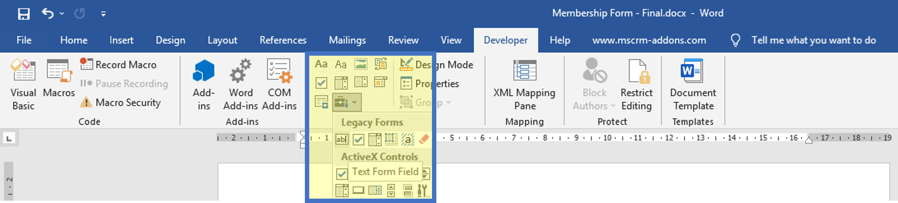 Enabled Developer tab with the content controls section highlighted