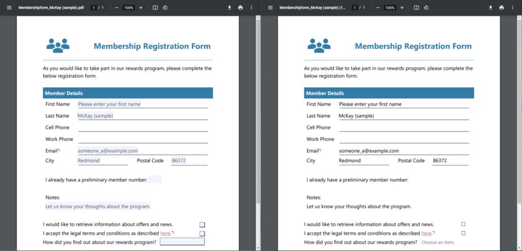 Fillable PDF from (left) vs. standard PDF document (right)