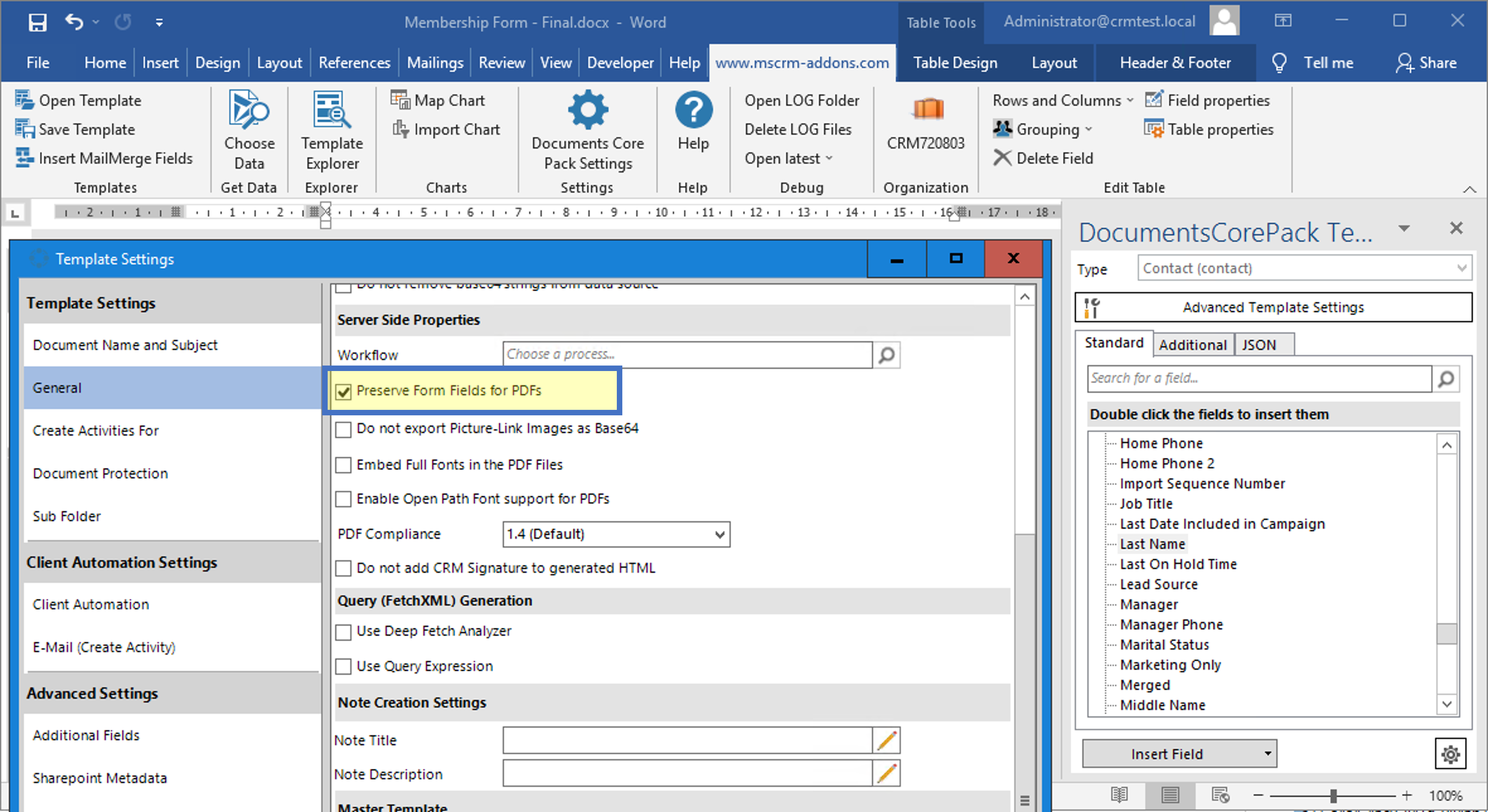 "Preserve Form Fields for PDFs" option in the Advanced Template Settings Dialog for Fillable PDF forms