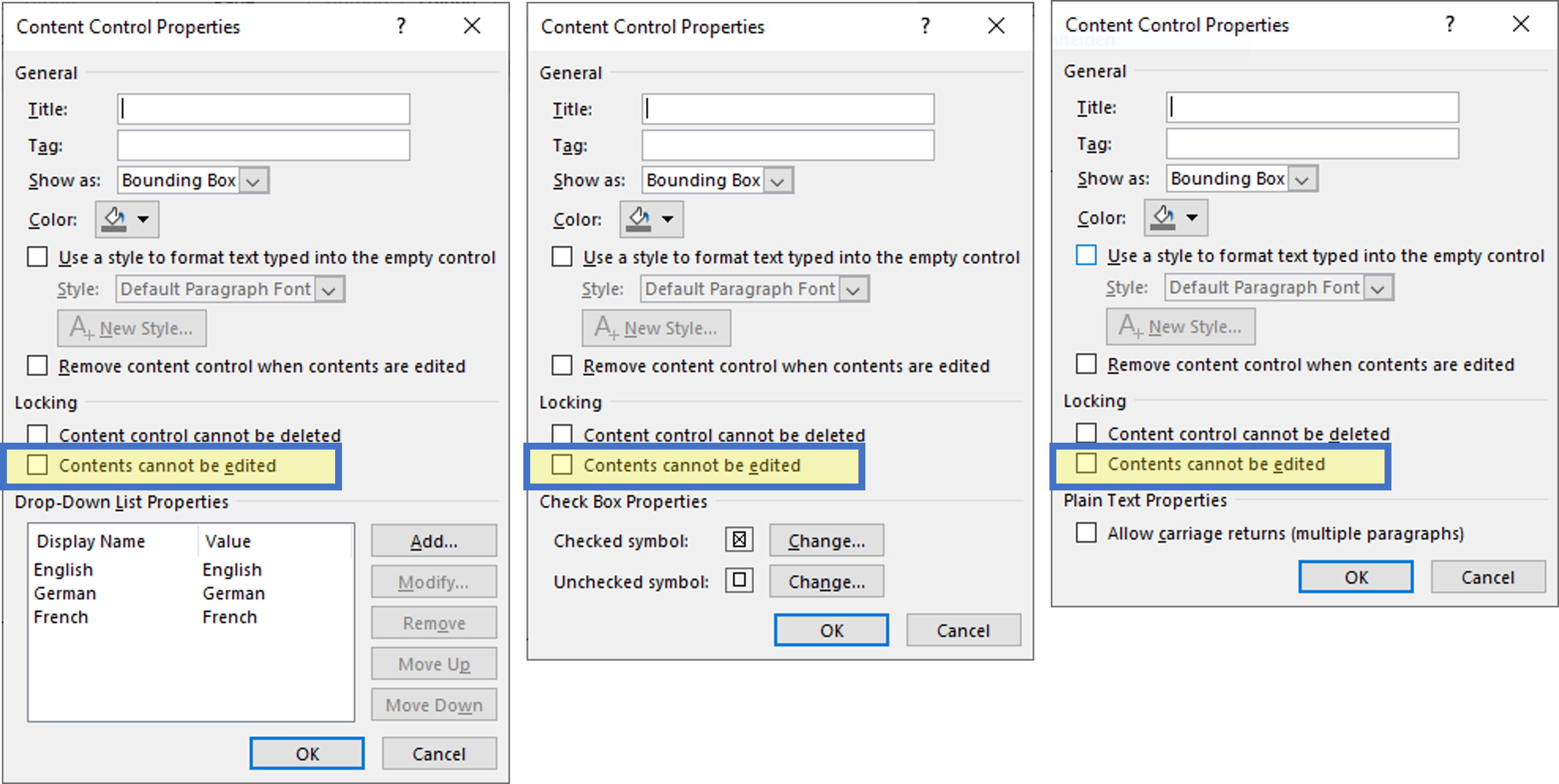 Different property dialogs with "Content cannot be edited" highlighted