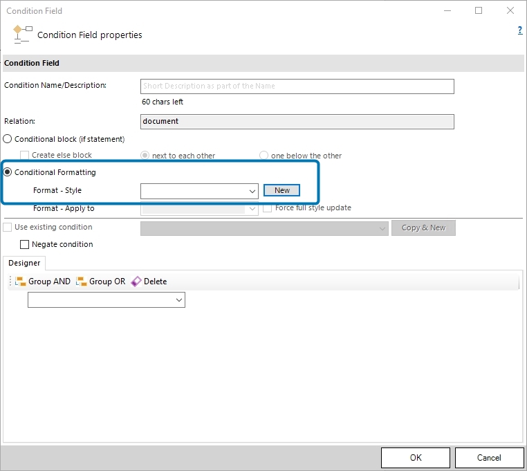Select the option "Conditional Formatting" and press the "New" button.