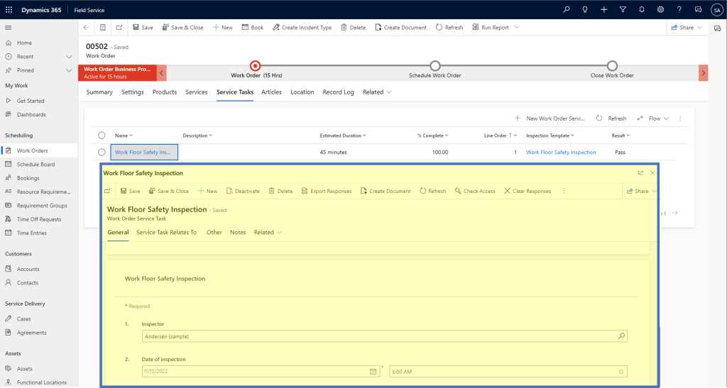 Sample of a inspection in the context of Dynamics 365 Field Service