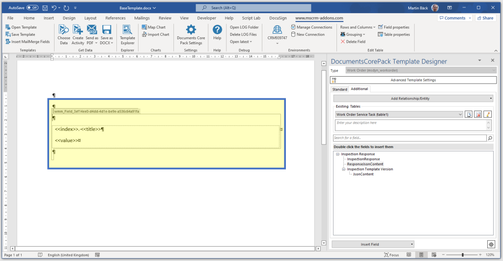 Sample of the inserted fields related to inspection