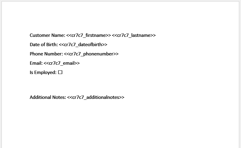 Example of a template showing fields of a virtual table