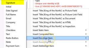 Access Insert Field > Insert DocuSign Item > Signature.