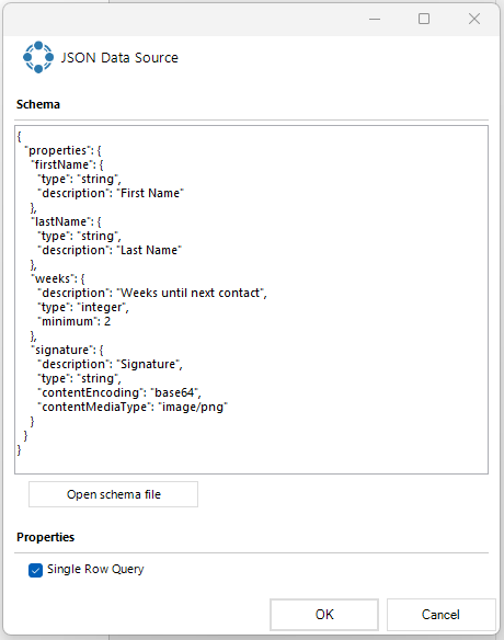 json window with schema