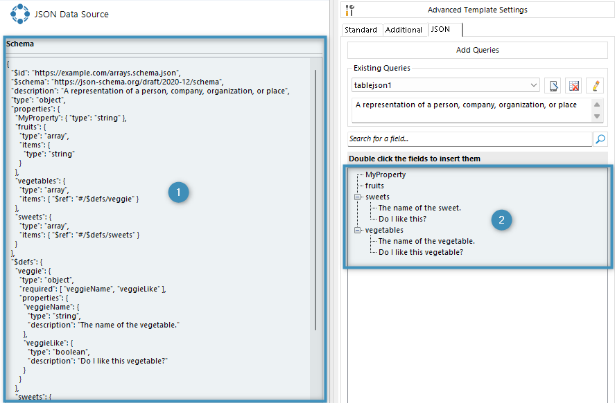 The query (right) and the fields list showing the table nodes (left)