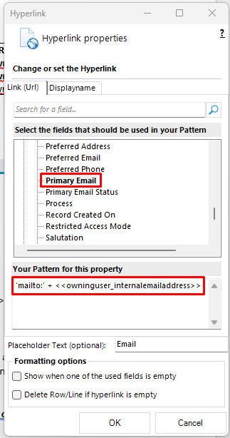 configuring the hyperlink field