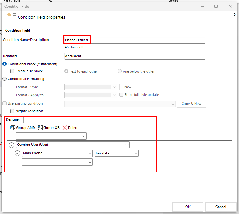 configuring our condition field