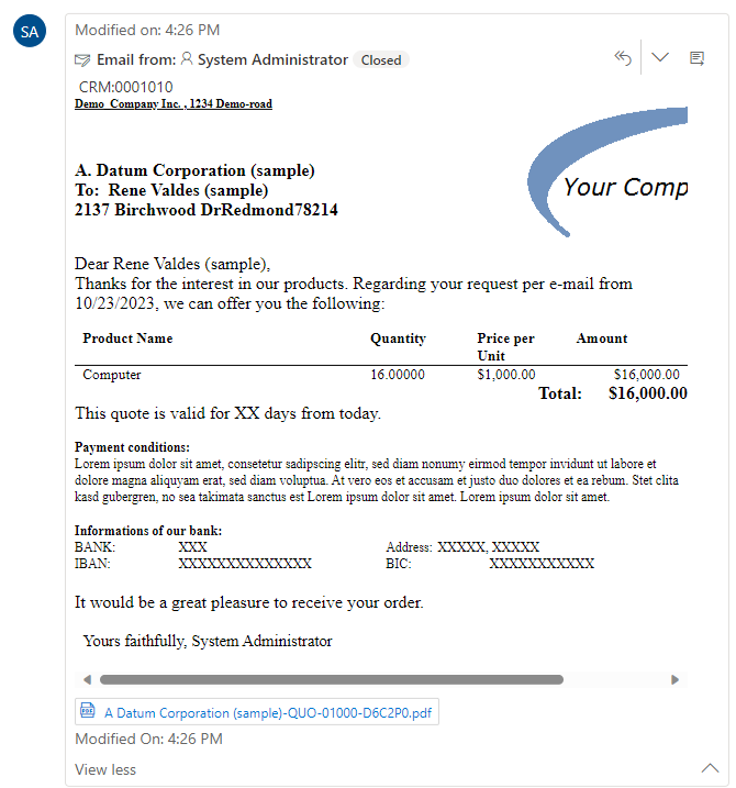 email sent to the customer