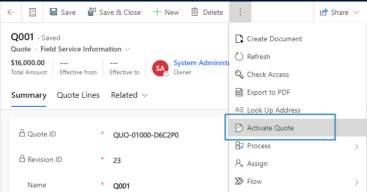activating a quote