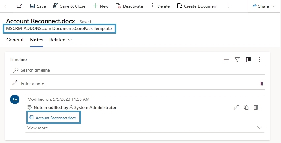 Example record with a template stored as a note
