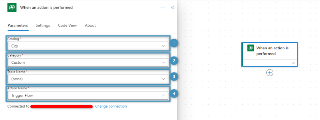 Setting the starting action parameters