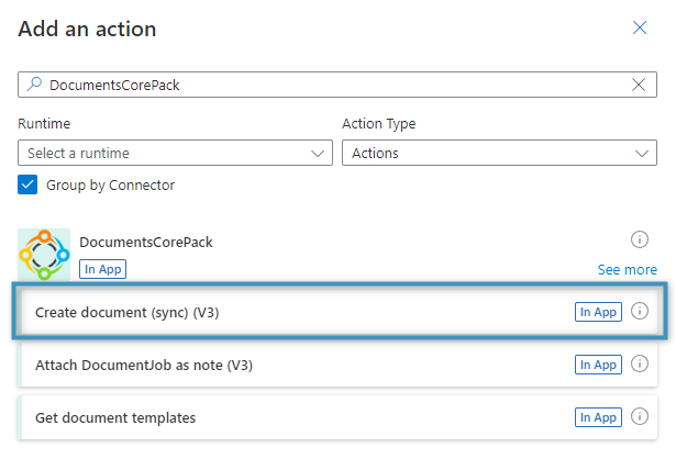 Selecting the "Create document" action