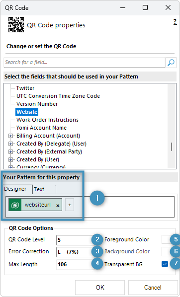 Define the pattern for a QR code and QR Code options