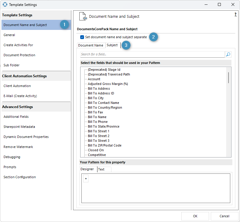 The Document Name and Subject tab