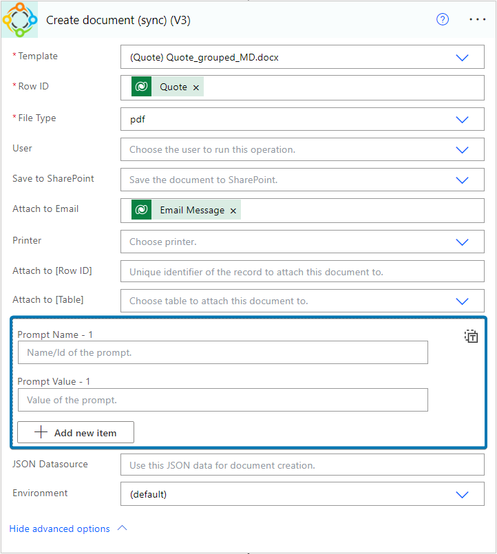 Example of prompts shown in PowerAutomate