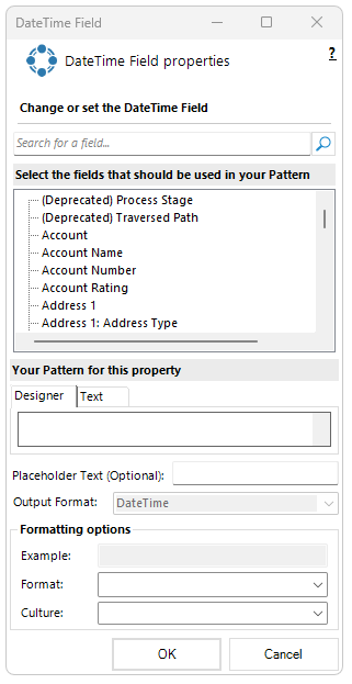 The DateTime Field properties window