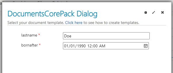 The prompts shown in the DocumentsCorePack Dialog during the document generation process