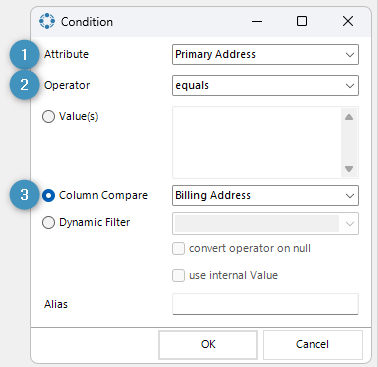 Configuring our column compare filter for our first table