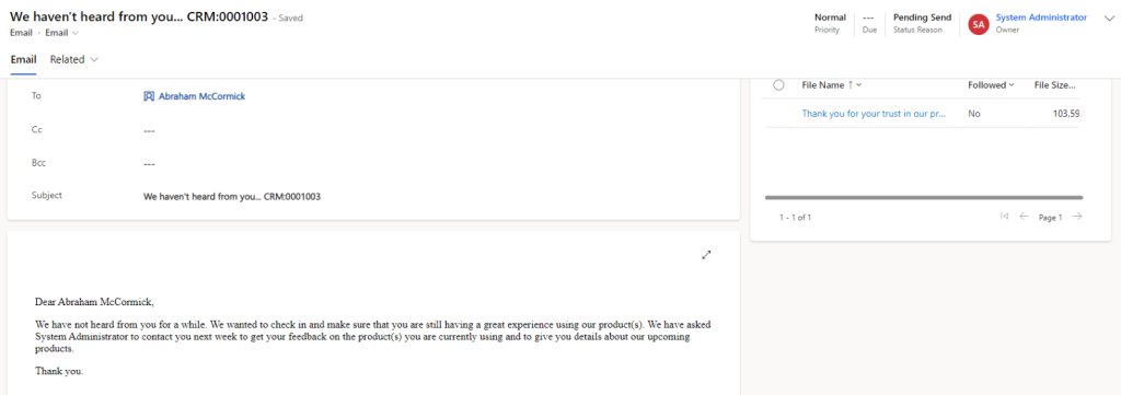The created email record.  Our selected template has been added as an attachment on the right.