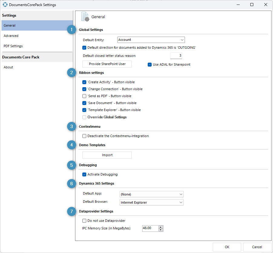 DocumentsCorePack Settings - Global Settings tab