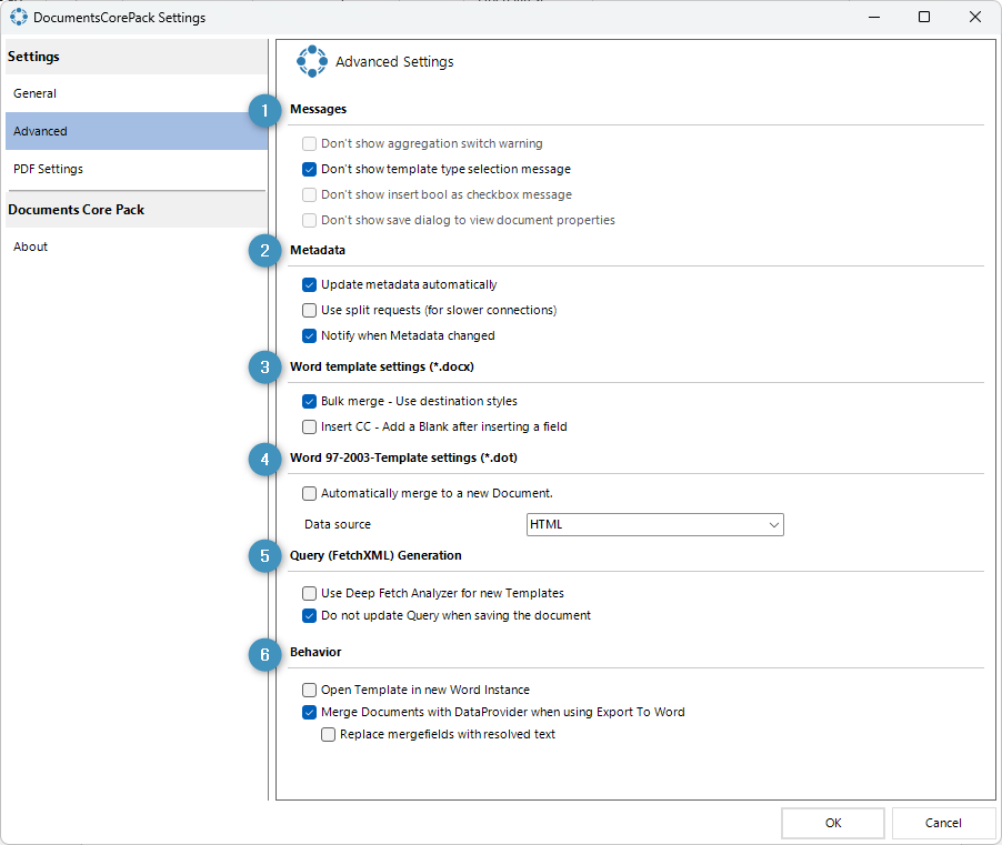DocumentsCorePack Settings - Advanced tab