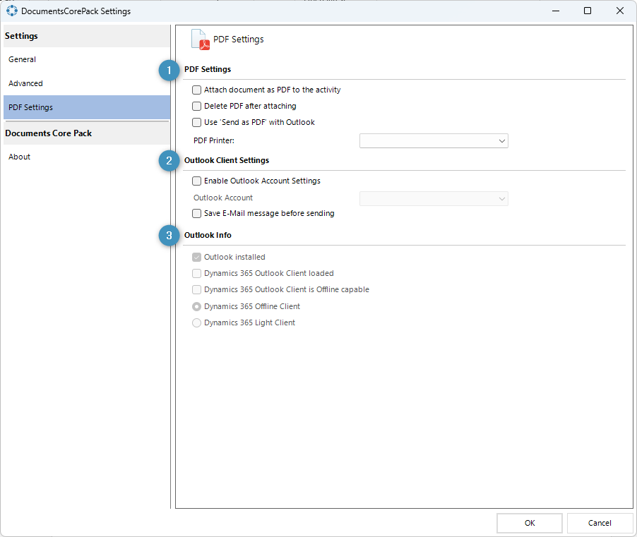 DocumentsCorePack Settings - PDF Settings tab