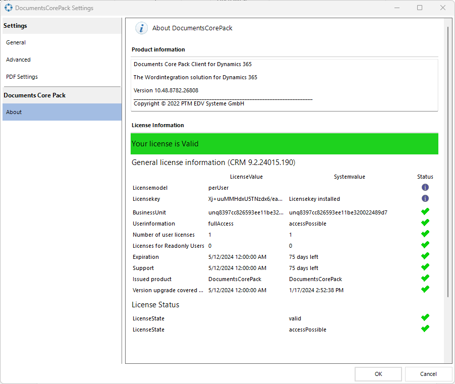 DocumentsCorePack Setting - About tab