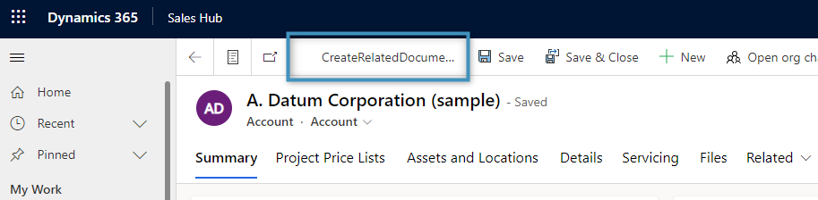 The custom button on the toolbar