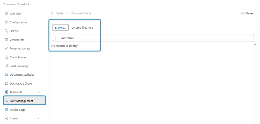 The Font Management tab in the Online Service Configuration
